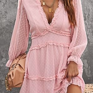 Women Pink Layered Ruffled Open Back Puff Sleeve Swiss Dot Mini Dress, s…